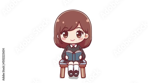 Cute kawaii student wearing a  glasses, sit in the chair reading a book, looping animation