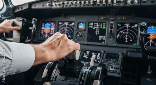 Detailed Close-Up of a Pilot’s Hand Gripping the Throttle in a Commercial Jet Cockpit, with Flight Instruments and Navigation Screens Blurred in the Background for Depth and Focus on Precision Control