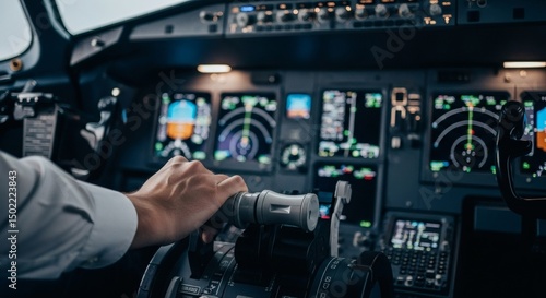 Detailed Close-Up of a Pilot’s Hand Gripping the Throttle in a Commercial Jet Cockpit, with Flight Instruments and Navigation Screens Blurred in the Background for Depth and Focus on Precision Control