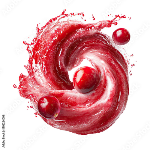 Cranberry juice swirling with splashing and three cranberries on a black background in a studio shot