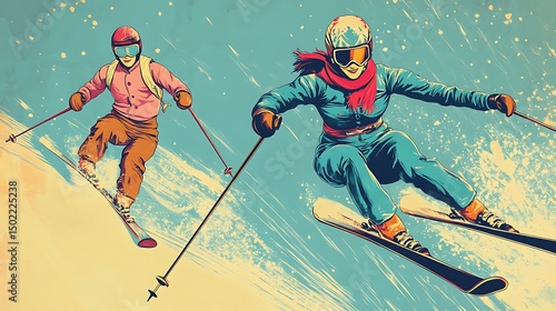 Two skiers carve down a snowy slope.