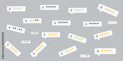 Five star rating. Five star rating displayed in a speech bubble. User comment, Feedback, Review and rate.