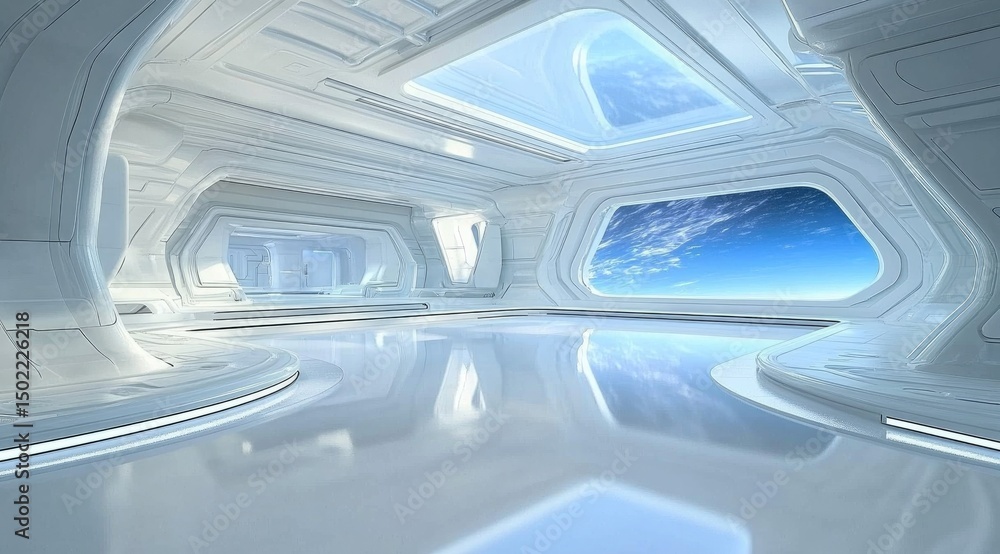 Fototapeta premium Futuristic white interior, spacious corridor