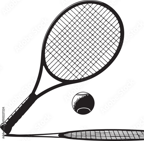 Tennis racket with ball. Icon of racquet for court. Logo of tennis rocket and ball isolated on white background. Sport equipment for game, match, competition. Silhouette for club of badminton. Vector