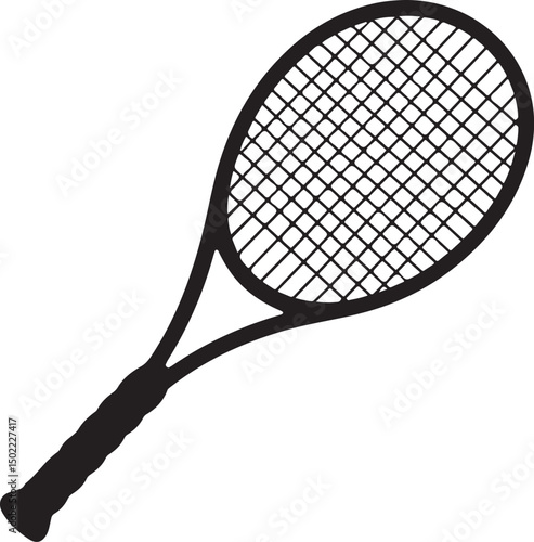 Tennis racket with ball. Icon of racquet for court. Logo of tennis rocket and ball isolated on white background. Sport equipment for game, match, competition. Silhouette for club of badminton. Vector