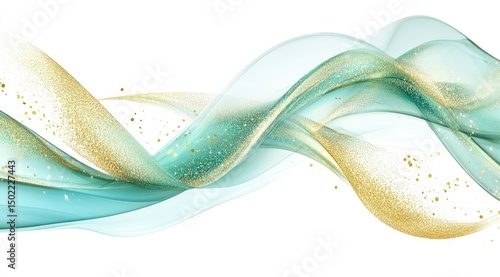 Abstract teal and gold swirling ribbons on white background
