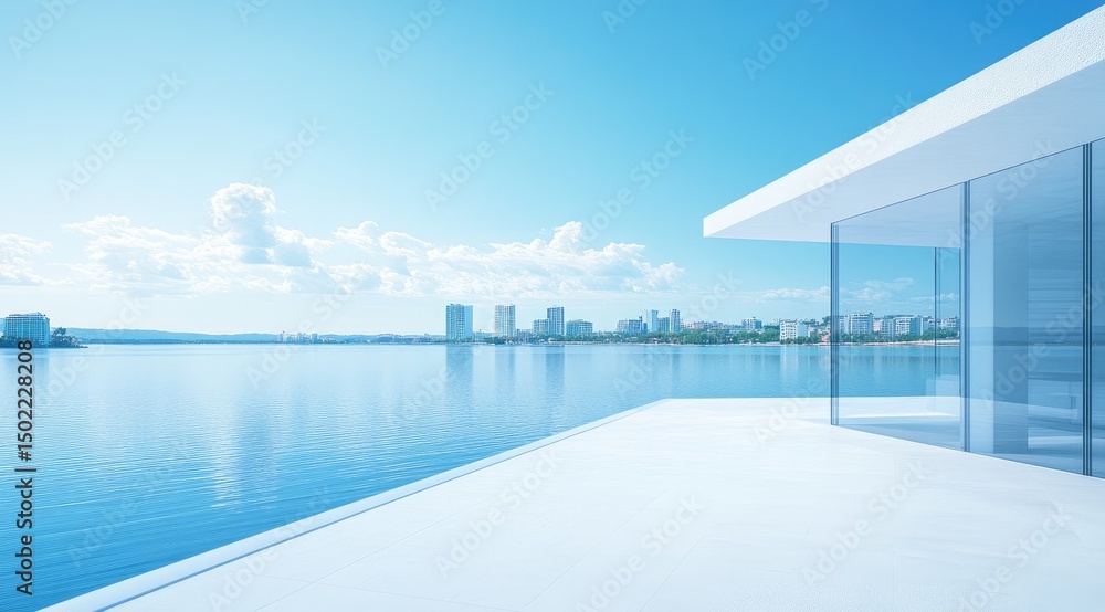 White modern waterfront house overlooking a city skyline White modern waterfront house overlooking a city skyline