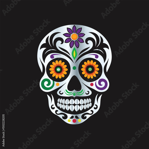 Day of the Dead Sugar Skull. Vector Illustration. Isolated on black background.
Skull with floral ornament. Day of the Dead. Vector illustration.