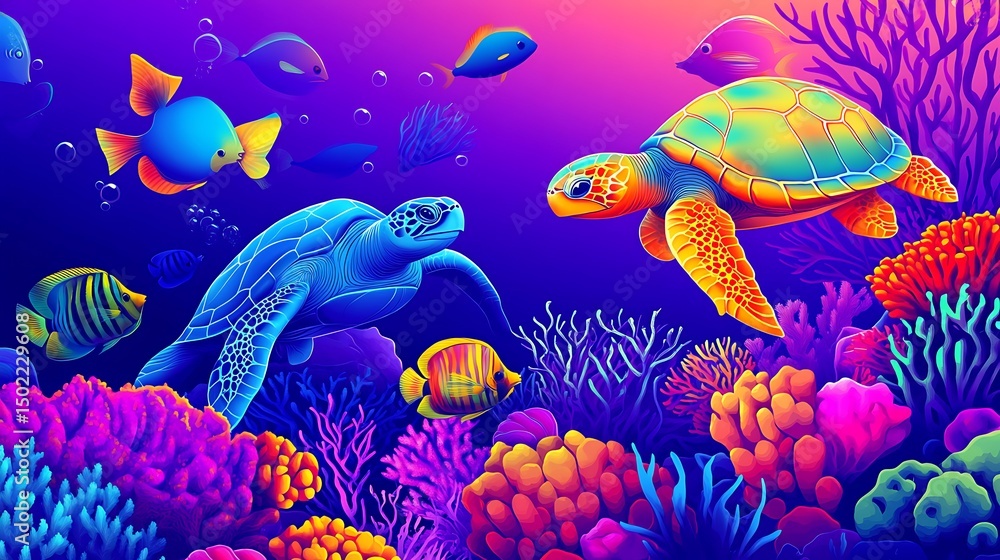 Naklejka premium Vibrant underwater scene with colorful fish and turtles.