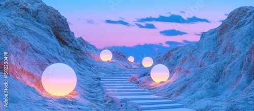 Surreal Stairway to Enlightenment: Luminous Orbs Guide the Ascent at Twilight