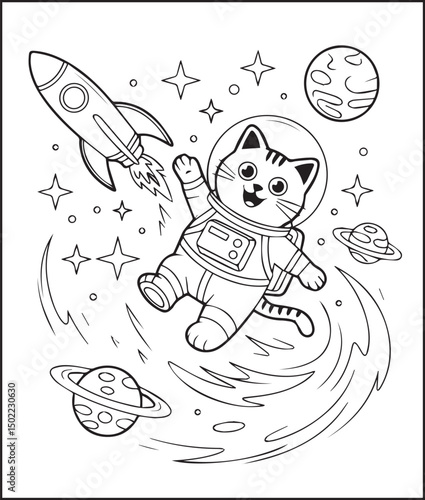 Cute astronaut cat in space rocket and planet around outline vector for children coloring page or book design