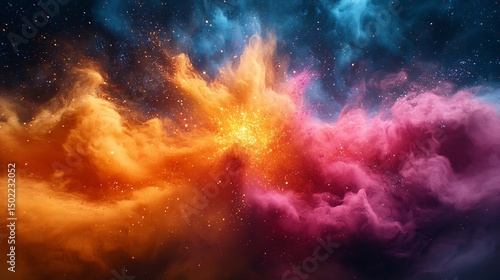 Virtual Coded Supernova Made of Colour Powder and Marble Text In a Swirling Abstract Pattern Where Fantasy Stars Collide