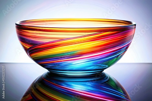 Long Exposure Glass Bowl Photography, White Background, Studio Shot, Glassware, Clear Bowl, Reflection, Light Trails, Isolated Glass Bowl