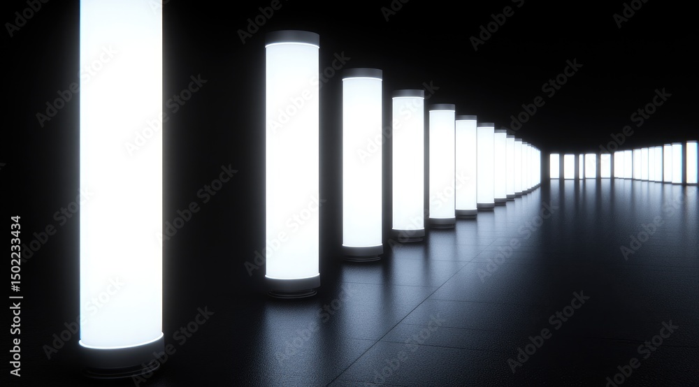 Obraz premium A dark corridor lined with glowing cylindrical lights
