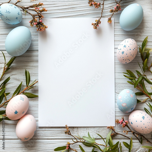 Blank Easter Note With Decorated Eggs and Branches. ai generated