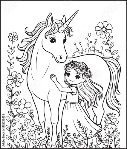 Cute princess girl with unicorn coloring page for kids, black line art vector illustration for children book design