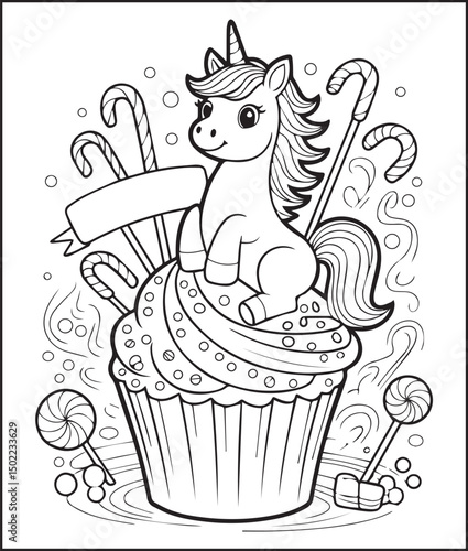 Cute unicorn sitting on cupcake in candies background black line art vector illustration for kids coloring page design