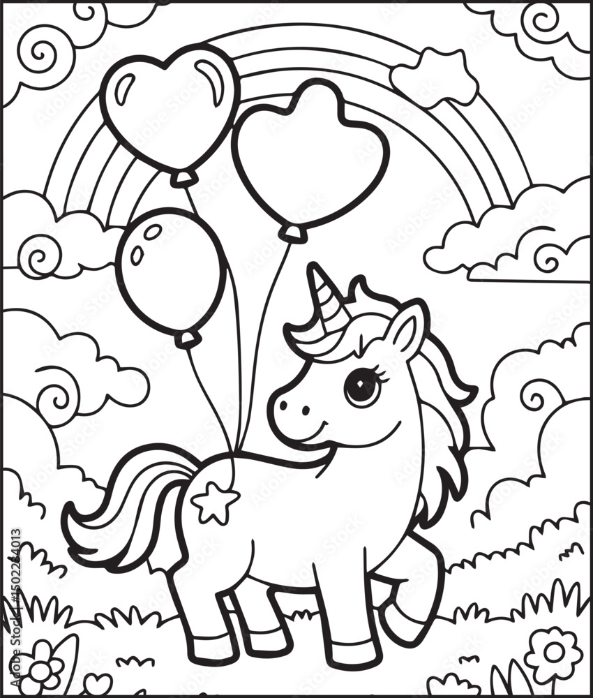 Fototapeta premium Cute unicorn with balloon and rainbow black line art vector illustration for kids coloring page design