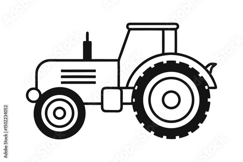line art vector illustration of a tractor with large rear wheels and detailed cabin