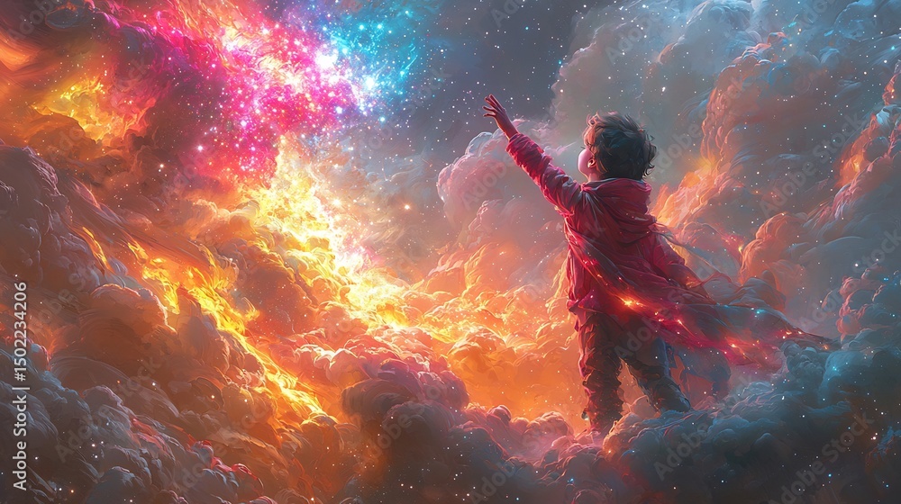 Wonder Portrayed As a Child Reaching Toward Stars Blooming From Marble Cloud Dust and Glowing Sky Swirl Wonder Portrayed As a Child Reaching Toward Stars Blooming From Marble Cloud Dust and Glowing Sky Swirl
