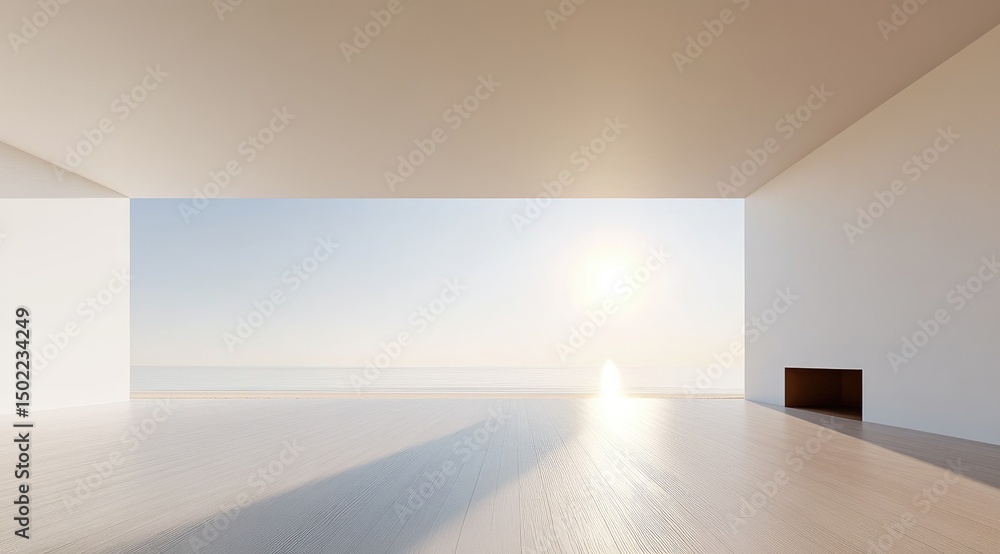 Minimalist, sunlit room with ocean view Minimalist, sunlit room with ocean view