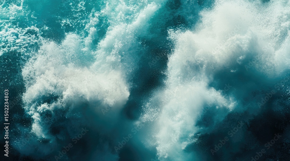 Naklejka premium Powerful ocean waves crashing, frothy white spray against deep teal water