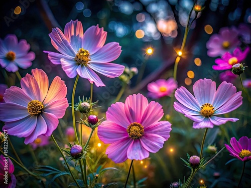 Low Light Cosmos Garden Photography: Night Bloom, Dark Cosmos, Floral Night Photography, Starry Cosmos, Cosmos Flowers Night