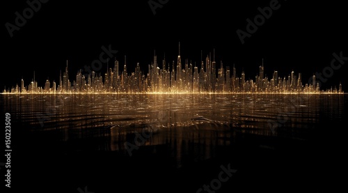 Golden city skyline reflected on dark water (1)