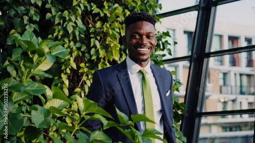 Wallpaper Mural Confident professional smiling amidst urban greenery in modern glass building business and nature concept Torontodigital.ca
