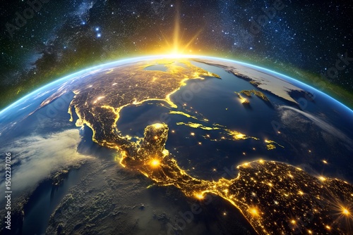 North America at Night from Space Sunrise View