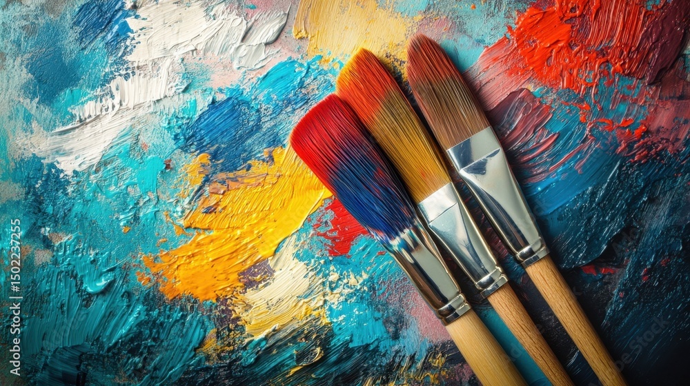 Fototapeta premium A striking composition featuring paint brushes resting on a colorful canvas palette, showcasing vibrant hues and artistic textures for creative inspiration.