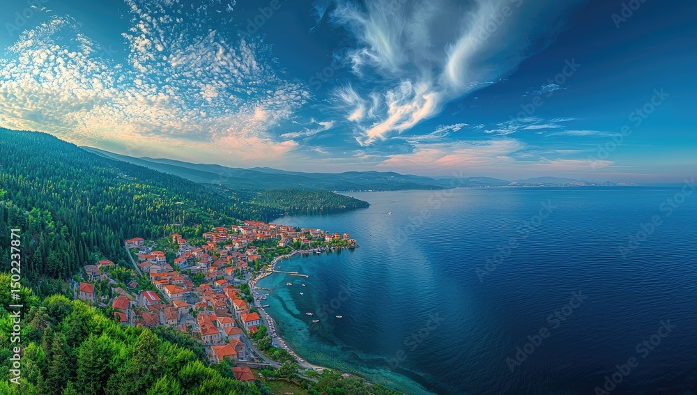 Fototapeta premium Panoramic view of a coastal town nestled in a valley with a vibrant blue sea.