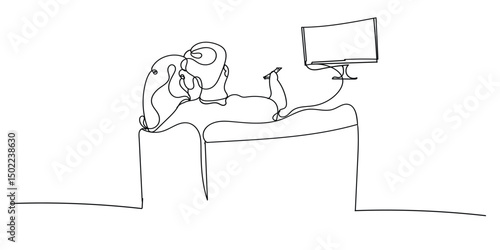 Couple Watching TV - One Line Vector Illustration