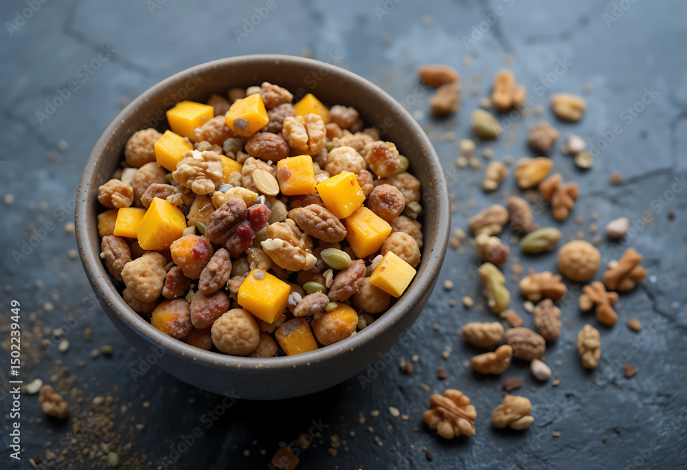 Fototapeta premium Mix nuts and dried fruits in a bowl with mango chunks for a nutritious snack option perfect for any occasion