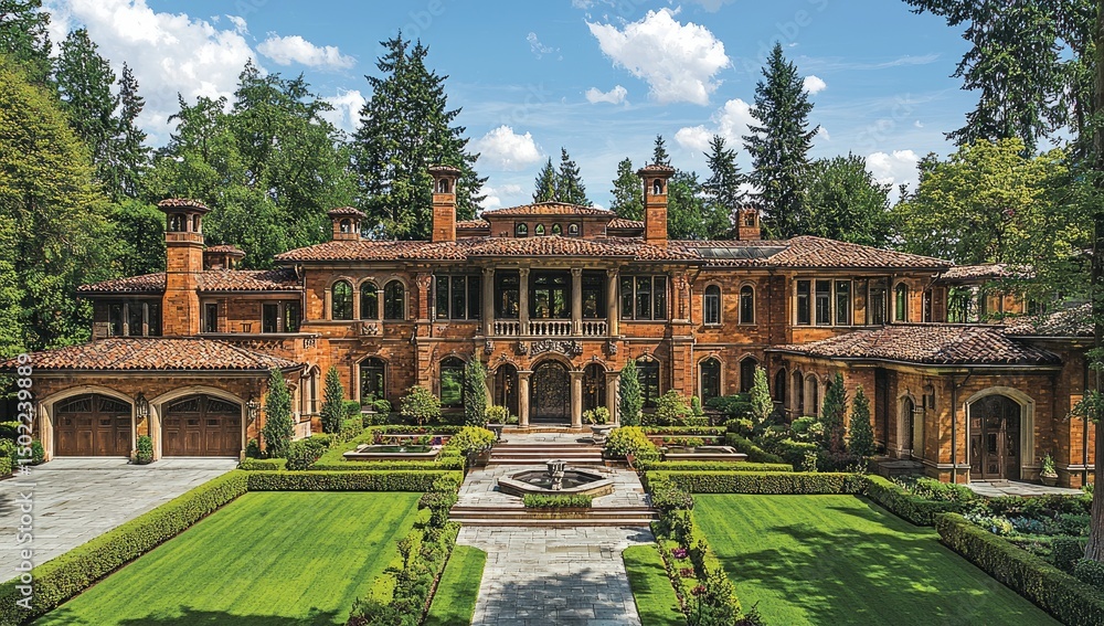 Obraz premium A grand, luxurious estate with meticulously maintained gardens.