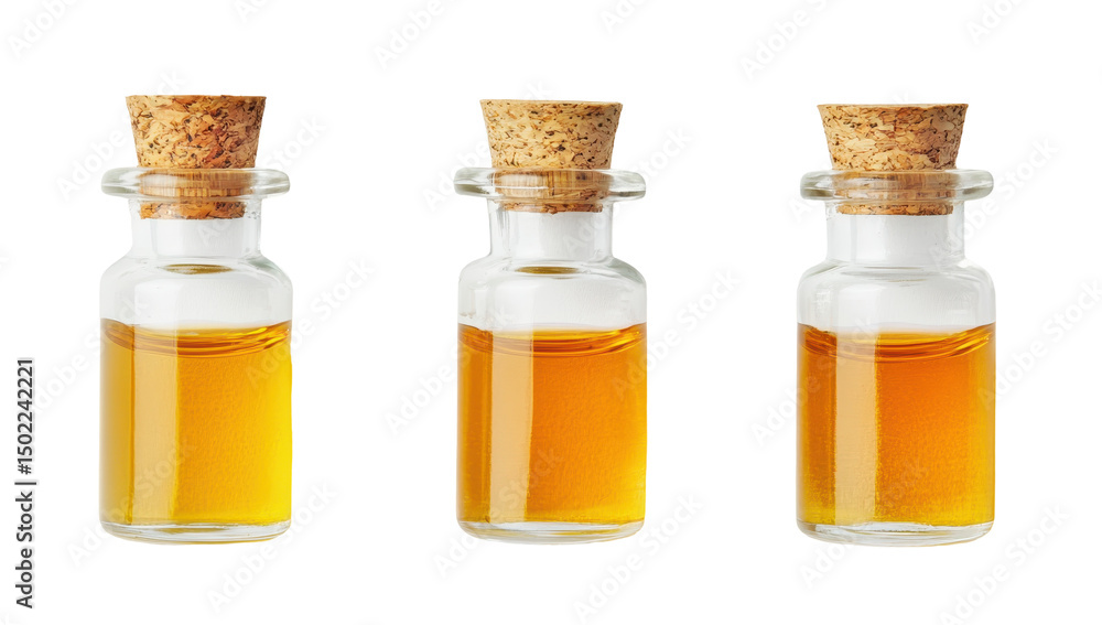 Three small, clear glass bottles with cork stoppers, each containing a similar amount of amber-colored liquid Three small, clear glass bottles with cork stoppers, each containing a similar amount of amber-colored liquid