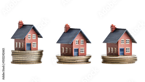 Wallpaper Mural Three miniature houses of increasing size sit atop progressively larger stacks of coins, illustrating growth or increasing cost of homeownership Torontodigital.ca