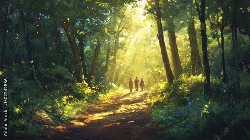 Fototapeta premium Sunlight streams through a lush forest path, three figures walking. Lush green trees line a well-worn trail, bathed in golden light