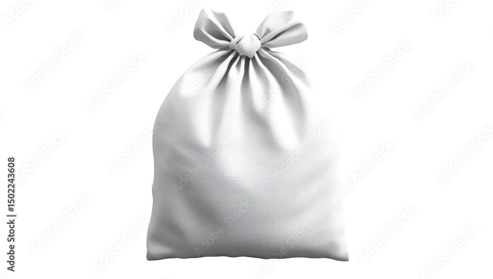 A pristine white fabric bag, cinched at the top with a simple fabric bow. Smooth texture, seemingly empty A pristine white fabric bag, cinched at the top with a simple fabric bow. Smooth texture, seemingly empty