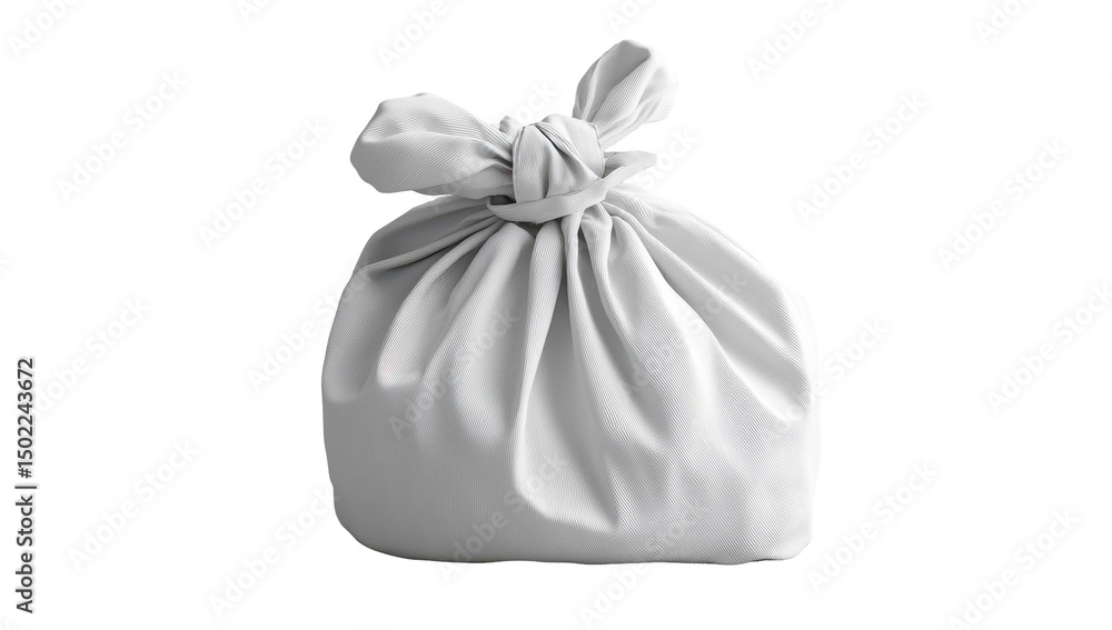 A light-grey fabric pouch tied with a complex knot at the top, sitting against a black background A light-grey fabric pouch tied with a complex knot at the top, sitting against a black background