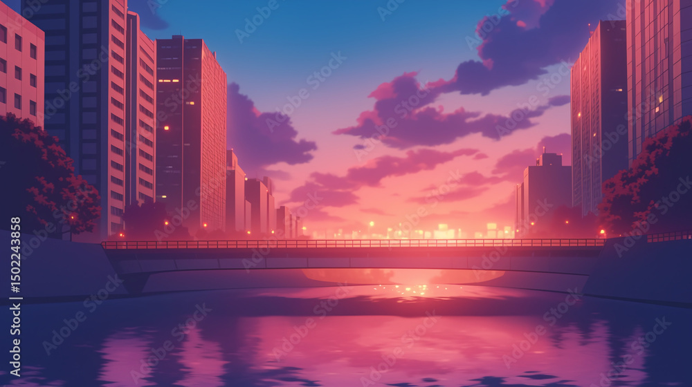 Fototapeta premium Sunset Cityscape with Bridge and River