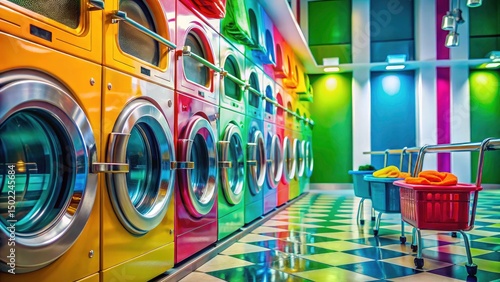 Modern Laundromat Interior: Macro Photography of Washing Machine & Laundry Tools