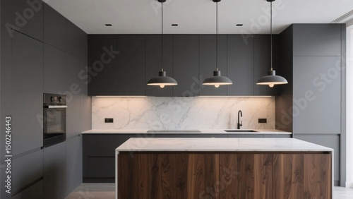 Charcoal grey minimalist kitchen with walnut cabinets and pendant lighting in warm ambiance