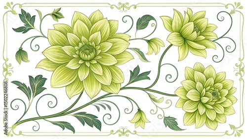 Verdant floral elegance in a decorative frame.Lime green blossoms and swirling foliage create a fresh design.