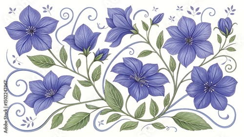 Elegant floral art against a starry night.Blue and white lotus flowers with golden accents bloom against a dark blue, star-speckled background.