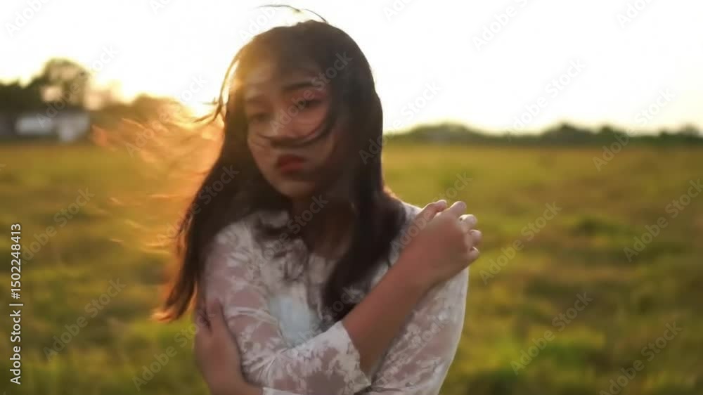 Sad Asian Teen Hugging Herself in Field at Sunset Sad Asian Teen Hugging Herself in Field at Sunset