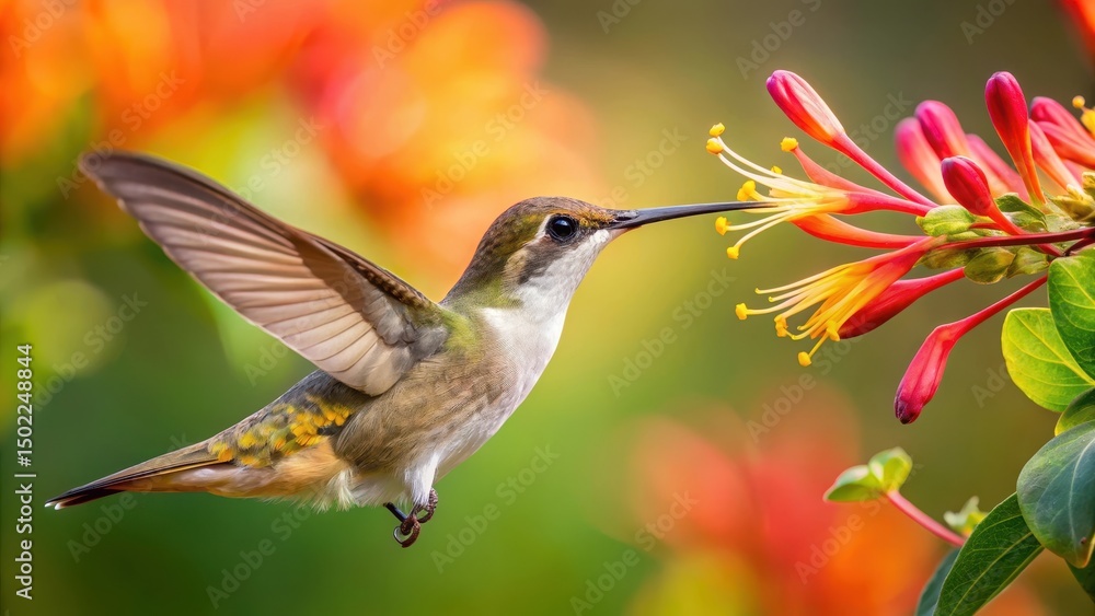 Fototapeta premium Hummingbird sipping nectar from honeysuckle flower, insect photography, hummingbird