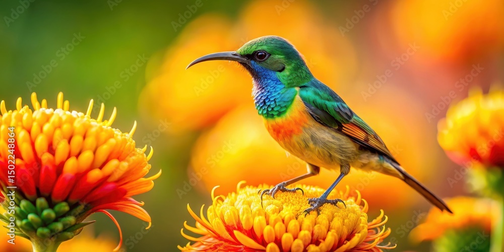 Naklejka premium sunbird perched on a bright yellow flower with iridescent feathers and intricate patterns, surrounded by lush greenery and vibrant orange hues , nature wildlife, vibrant flower