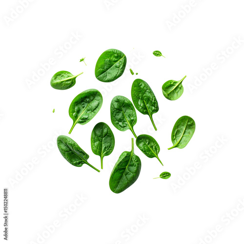 Fresh green spinach leaves falling on raw food diet on transparent background