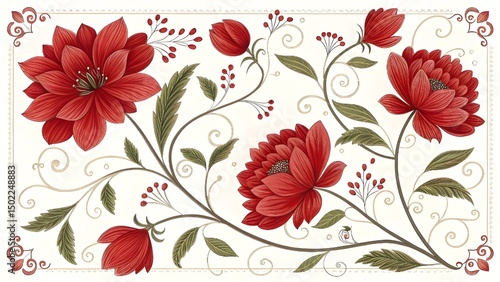 A vibrant display of floral elegance.Red blossoms intertwine in a decorative pattern.